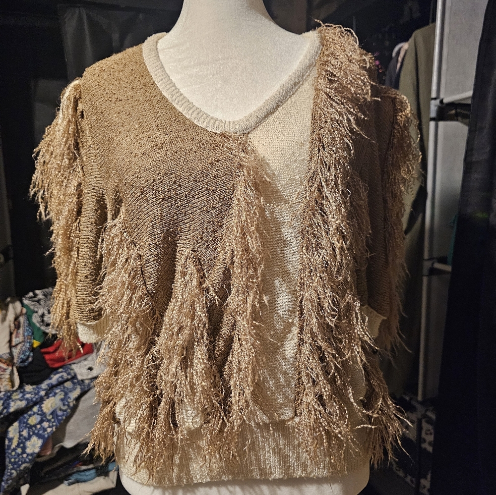 Fringed Shimmer V-Neck Women’s Top in Tan